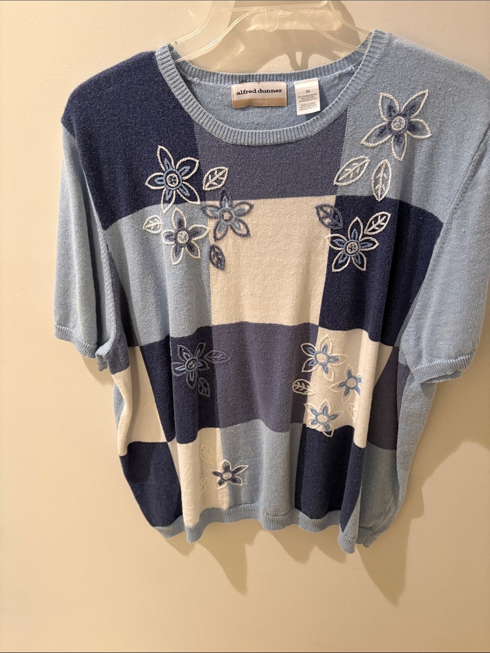 Alfred Dunner Light Blue Navy and Cream Striped Floral Knit Top